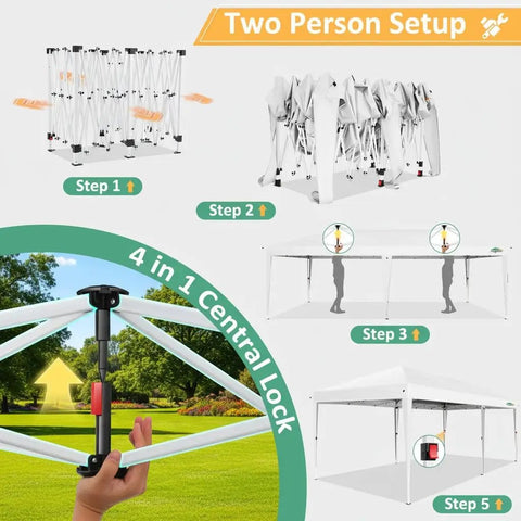 Steps for setting up a 10x20 Foot Pop Up Canopy Tent Instant Shelter With 6 Sidewalls Durable Waterproof Portable Gazebo UPF 50 Plus