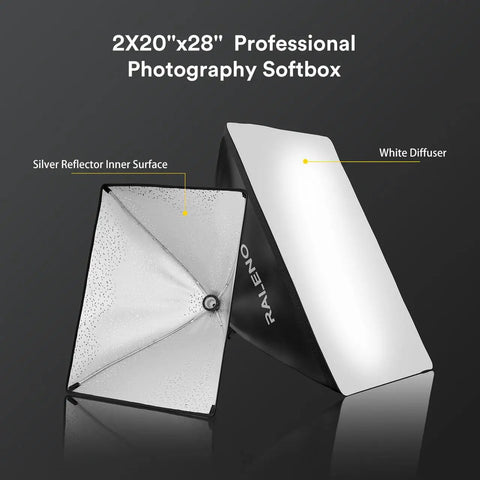 Softbox Lighting Kit 20x28-Inch With Dual 50W Daylight LED Bulbs 5500K TLCI 97 showcasing inner silver reflector and white diffuser
