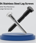 304 stainless steel black zinc plated lag screws featured with text about rust resistance and service life on a blue stand.