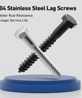 Image showing two 304 stainless steel lag screws with a black zinc finish, highlighting rust resistance and longevity.
