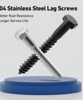304 Stainless Steel Hex Head Lag Screws with flat washers for deck building, showcasing better rust resistance and durability.