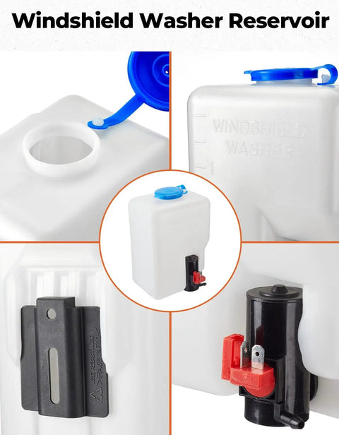 Close-up of UTV Windshield Washer Pump Kit with 12V Wiper Motor, universal fit reservoir, and hose attachment features.
