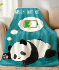 Ultra Soft Fiber Panda Throw Blanket 59x51 Inch displayed on a sofa, featuring a sleeping panda and battery graphic.