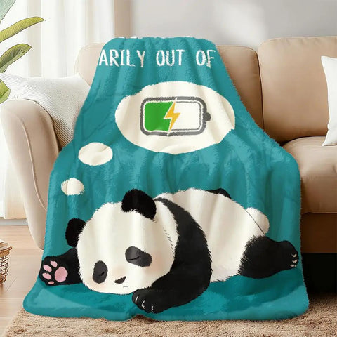 Ultra Soft Fiber Panda Throw Blanket 59x51 Inch displayed on a sofa, featuring a sleeping panda and battery graphic.