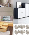 16 Piece Vintage Silver Flower Embossed Drawer Knobs For Kitchens And Dressers Compact Round Metal Pulls With Matching Screws displayed with dressers and cabinets.