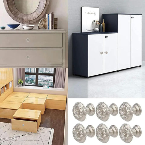 16 Piece Vintage Silver Flower Embossed Drawer Knobs For Kitchens And Dressers Compact Round Metal Pulls With Matching Screws displayed with dressers and cabinets.