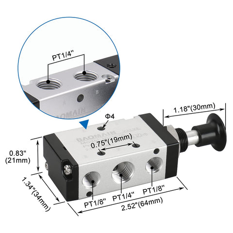 Diagram of 4R210-08 Hand Lever Air Valve With Mufflers showing measurements and port sizes, highlighting manual operation features