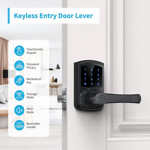 Keyless Entry Door Lock With Handle And Digital Keypad, Smart Electronic Lock With Code, Blue Backlit Touchscreen, Matte Black