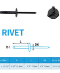 Diagram of Aluminum Blind Rivets Set, 60 Pieces, 3/16 x 3/4 Inch Pop Rivets, Black Finish with dimensions and grip range.