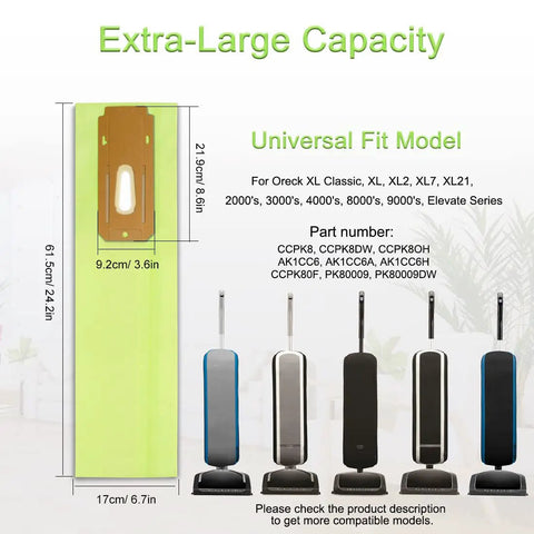 Diagram showing dimensions of Heavy Duty Replacement Vacuum Bags Kit For Upright Vacuums Including XL Series Elevate Classic Silver Gold And More Fits XL2100rhs U2000R1 U2000RB1 2000s 3000s 4000s 8000s 9000s, with multiple vacuum models.