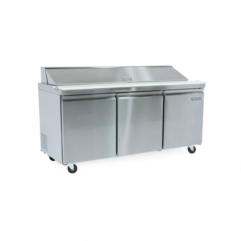 Heavy Duty Commercial Refrigerator With Digital Temperature Controls And Led Display, stainless steel, three-door design.