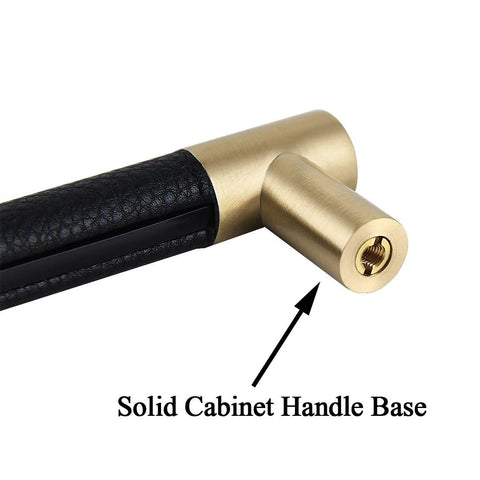 Close-up of Brushed Satin Gold Bar Cabinet Handle With Black Leather Upholstery 8.5 Inch Overall Length, showing solid base.