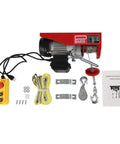 Heavy Duty 1763 Lbs Electric Winch Hoist With 39 Foot Lift Height And Pure Copper Motor showing motor, remote, hook, and accessories.