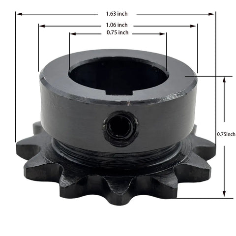 Heavy Duty Roller Chain Sprocket Type B 12 Tooth 3/4 Inch Bore For 3/8 Inch Pitch For 35 Chain Hardened ANSI 1045 Steel Drive Sprocket 35B12-3/4 With Keyway And Dual Setscrews Rust Resistant And Built Tough, black sprocket with dimensions