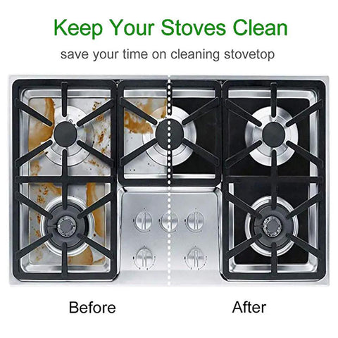 Stove top before and after using Double Thickness 0.3 mm Gas Stove Burner Covers 8 Pack Nonstick Reusable Liners Cuttable and Easy to Clean