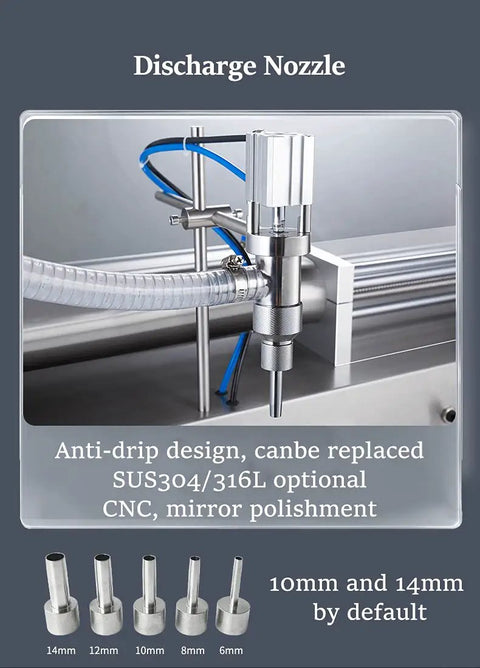 Discharge nozzle for Kickass Pneumatic Liquid And Paste Filling Machine featuring anti-drip design, stainless material and optional sizes.