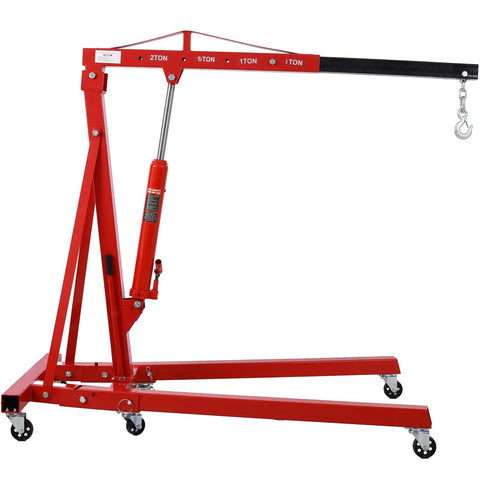 Heavy Duty Hydraulic Shop Crane Engine Hoist With Flex Fold Frame Two Ton Capacity displaying robust red frame and swivel casters.