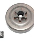Top Notch Clutch Drum Bearing 3/8 Inch 6 Tooth Chainsaw Replacement Component showing metal bearing and drum for heavy duty use.