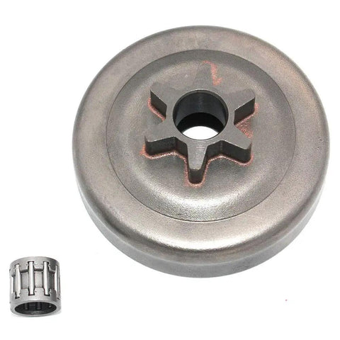 Top Notch Clutch Drum Bearing 3/8 Inch 6 Tooth Chainsaw Replacement Component showing metal bearing and drum for heavy duty use.