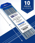 Ten Pack Two Percent Lanthanated TIG Welding Tungsten Electrodes For Beginners To Pros Includes Five One Sixteenth Inch And Five Three Thirty Second Inch Sizes in a labeled plastic case showing 10 pieces