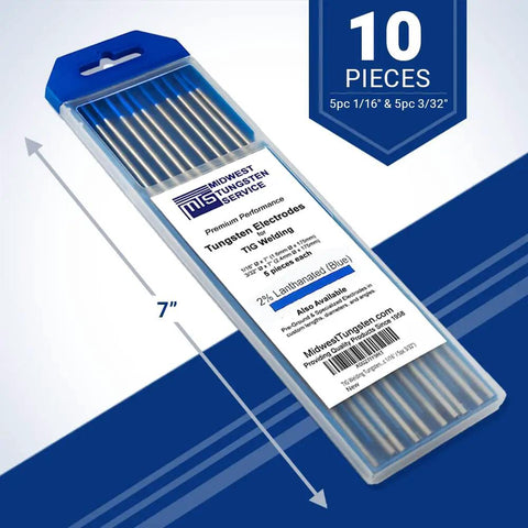 Ten Pack Two Percent Lanthanated TIG Welding Tungsten Electrodes For Beginners To Pros Includes Five One Sixteenth Inch And Five Three Thirty Second Inch Sizes in a labeled plastic case showing 10 pieces