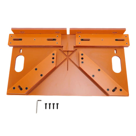 Straight Shooter Door And Window Casing Cutting Guide For Crisp Miter Corners with adjustable clamping bar, orange plastic tool.