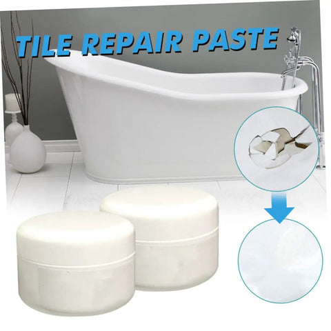 Tile Repair Kit 2 Pieces 100g Quick Dry Ceramic Tile Adhesive With Agent And Hardener For Cracks And Chips In Bathroom And Floor Surfaces DIY Home Fix, close-up of product containers in front of a bathtub.