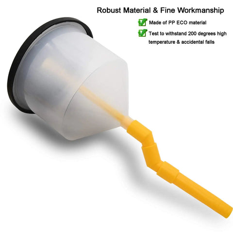 Universal Spill Proof Coolant Fill Funnel Kit With Complete Adapter Set For All Vehicles showing transparent funnel with yellow hose.