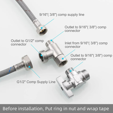 Three Eighths Inch And One Half Inch Stainless Steel Tee Connector With Fittings Nickel Brushed Finish Easy Install Toilet Valve Adapter For Water Line And Flexible Hose Durable Plumbing Tee For Home Renovations