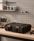 Durable Portable Plastic Tool Box With Easy Carry Handle on workbench in garage, Rigid PP Storage Container, Black
