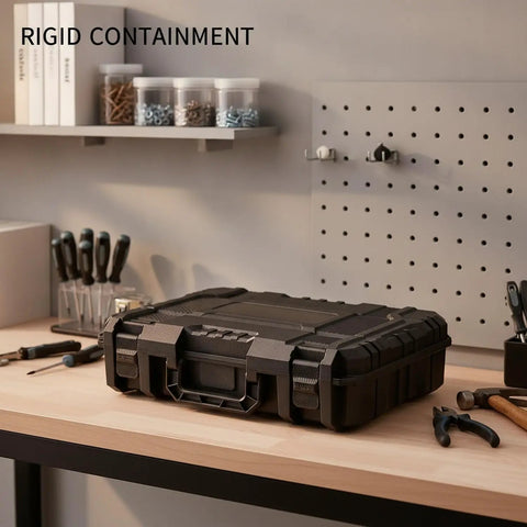 Durable Portable Plastic Tool Box With Easy Carry Handle on workbench in garage, Rigid PP Storage Container, Black