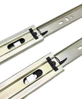 Top Shelf 10 Inch Full Extension Drawer Slides Five Pair Ball Bearing Side Mount showing zinc plated steel construction and gliding mechanism.