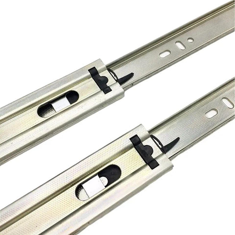 Top Shelf 10 Inch Full Extension Drawer Slides Five Pair Ball Bearing Side Mount showing zinc plated steel construction and gliding mechanism.