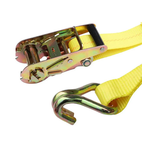 Close-up of the yellow Beefy Heavy Duty 2 Inch Ratchet Straps 25 Foot With J Hooks Cargo Tie Down Straps for Truck Trailer.
