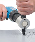Hand using Two Head Sheet Metal Nibbler Cutter Built Tough 360 Degree Nibbler Drill Attachment for Die Cutting Aluminum Sheet