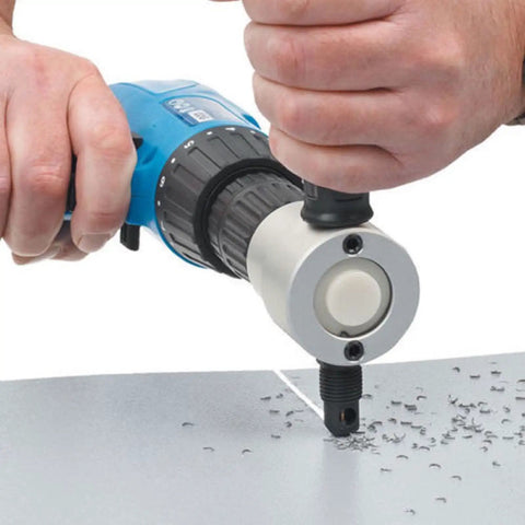 Heavy Duty Electric Sheet Metal Nibbler With Iron Sawer Punching Shears Drill Attachment cutting through aluminum sheet.