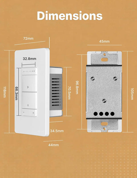 Dimensions of Star Ring Smart Ceiling Fan Control And Dimmer Switch, 2.4GHz WiFi Smart Switch.