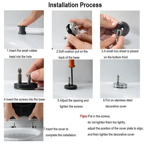 Installation process for Smooth Ride Silver Foil Glitter Toilet Seat with soft close hinges and quick release mounting.