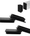 Rectangular Tubing End Caps Four Pack for 2 By 4 Inch Tubes Plastic Black End Plugs for 3 to 5 mm Wall Thickness shown stacked and installed