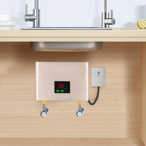 3000W Electric Tankless Water Heater With LED Display And Instant Hot Flow under sink with digital screen and pipes.