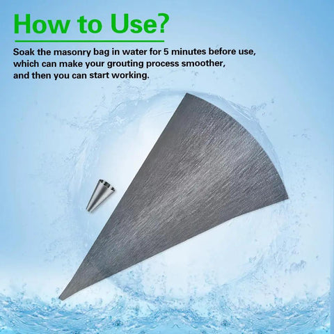 Heavy Duty Grout And Mortar Bags With Slick Stainless Steel Tips Grey 3 Pack All In One Masonry Tool Kit For Tile And Brick Jobs No Fuss Installation showing soak instructions with stainless steel nozzle.