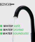 Matte Black Widespread 3-Hole Bathroom Faucet With Dual Handles, water flowing, emphasizing safe, saving, soundless features.