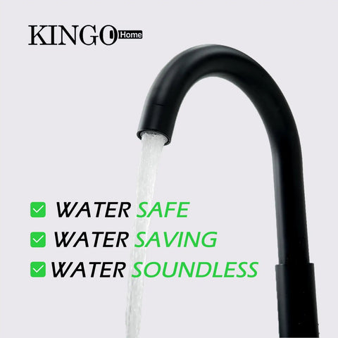 Matte Black Widespread 3-Hole Bathroom Faucet With Dual Handles, water flowing, emphasizing safe, saving, soundless features.