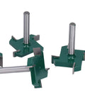 Cool Four Piece T Slot Router Bit Set With 1/4 Inch Shank, showing four green metal T slot router bits for CNC milling.