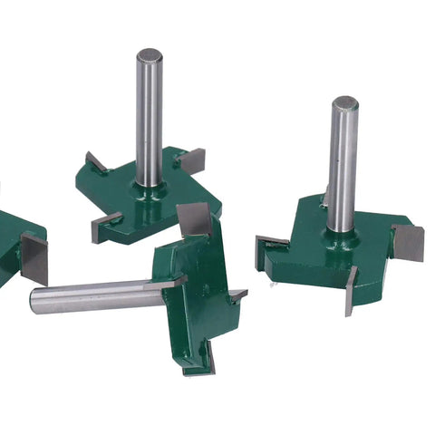 Cool Four Piece T Slot Router Bit Set With 1/4 Inch Shank, showing four green metal T slot router bits for CNC milling.