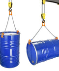 Heavy Duty 55 Gallon Drum Lift Chain Hoist for Steel And Plastic Drums, lifting blue barrels with carbon steel hooks.