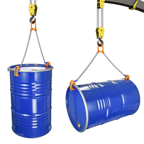 Heavy Duty 55 Gallon Drum Lift Chain Hoist for Steel And Plastic Drums, lifting blue barrels with carbon steel hooks.