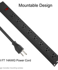 Heavy Duty Metal Wide Spaced Power Strip With Eight Outlets 1200J Surge Protector 15A 125V 60Hz shown with long power cord.
