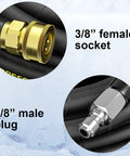 POHIR pressure washer hose 100ft with 3/8 inch female socket and 3/8 inch male plug on black high-tensile braided hose