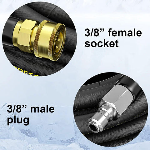 POHIR pressure washer hose 100ft with 3/8 inch female socket and 3/8 inch male plug on black high-tensile braided hose
